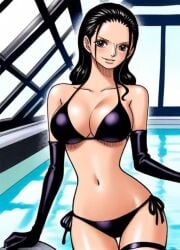 ai_generated big_breasts bikini bikini_bottom bikini_top black_hair breasts brown_eyes busty busty_female cleavage dark_hair elbow_gloves female female_only gloves highres hourglass_figure latex latex_bikini latex_gloves leaning_on_object long_hair looking_at_viewer nico_robin one_piece pool poolside slim_waist