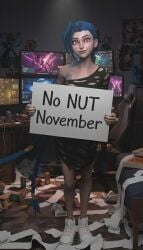 1girls 3d ai_assisted ai_generated arcane blue_hair dark_room female female_human funny gamer_chair gamer_room girly jinx_(league_of_legends) joke_art league_of_legends looking_at_viewer meme meme_reference messy_room monitor no_nut_november no_sex pink_eyes posters riot_games safe_for_work sfw shoes sign skinny skinny_female smile smiling soda_can solo solo_female solo_focus tattoos toilet_paper torn_clothes white_shoes wild_rift
