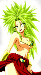 breasts broly broly_(dragon_ball_z)_1993 covered_nipples covering dragon_ball dragon_ball_z female female_only genderbend genderswap_(mtf) gold gold_bracelet green_hair hips hourglass_figure jewelry legendary_super_saiyan long_hair naughty_face naughty_smile rule_63 saiyan solo spiky_hair super_saiyan