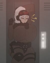1girls big_ass breast_expansion breasts comic female hitama hourglass_figure hourglass_figured_female huge_breasts inside_locker locker nipple_bulge original original_character textless thick_thighs wide_hips