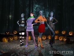3d 3d_render 4:3 4girls artistic artistic_nude asari big_breasts blender blender_(software) blue_skin blue_skinned_female breasts breasts_out commander_shepard cosplay daphne_blake_(cosplay) elvira:_mistress_of_the_dark elvira_(cosplay) fair_skinned_female female female_only femshep halloween hips hourglass_figure human humanoid jane_shepard large_breasts liara_t'soni mass_effect morinth multiple_females multiple_girls pale-skinned_female pale_skin panties parody samara scooby-doo sexy sexy_pose slim_waist source_request steglitzer velma_dinkley_(cosplay) video_game_character waist