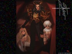 1boy 3girls armor artist_name azulite_(diabolique) black_hair black_pants black_shirt black_shoes blonde_hair blue_eyes breastplate breasts bridal_gauntlets capelet closed_mouth collar crown dated diabolique empty_eyes english_text head_grab kneeling large_breasts long_hair looking_at_viewer lying medium_breasts metal_collar multiple_girls nipples nude official_art on_side orion_(orionproject) pants parted_lips pointy_ears red_eyes shirt shoes short_hair standing thighhighs very_long_hair white_bridal_gauntlets white_capelet white_hair white_thighhighs