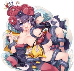 black_kimono blue_eyes breast_grab breasts fate/grand_order fate_(series) female flower grabbing hair_flower hair_ornament hairpin ink japanese_clothes katsushika_hokusai_(fate) kimono large_breasts no_panties octopus open_mouth purple_hair shinozuka_atsuto short_hair tentacle waves