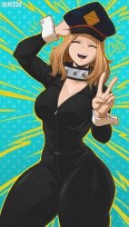 1girls big_ass big_breasts big_thighs blonde_hair bodysuit boku_no_hero_academia camie_utsushimi daimusraw light_skin my_hero_academia no_nudity peace_sign posing_for_the_viewer smile utsushimi_camie vibrant_background watermark zipper zipper_down