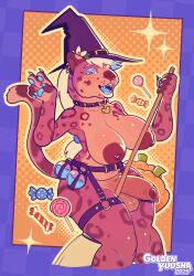 anthro areola big_areola big_breasts blue_eyes breasts broom broom_riding candy cleaning_tool clothing dakota_(goldenyuusha) dessert ear_piercing felid feline food foreskin fruit futanari garter_belt garter_straps genitals goldenyuusha hat headgear headwear hi_res humanoid_genitalia humanoid_penis intersex leopard mammal markings nipple_piercing nipples pantherine pawpads penis piercing pink_body plant potion_bottle pumpkin solo spots spotted_markings thick_thighs uncircumcised wide_hips witch_hat