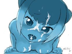 2018 5_fingers animal_humanoid asian_small-clawed_otter_(kemono_friends) biped blue_and_white breast_rest breasts cum cum_covered cum_drip cum_in_eye cum_in_hair cum_in_mouth cum_inside cum_on_breasts cum_on_face cum_on_tongue cum_string dripping eyelashes female fist front_view hair head_tilt hi_res humanoid humanoid_hands japanese kemono_friends looking_at_viewer lying mammal masuyama_ryou masuyama_ryou_(artist) medium_breasts messy monochrome multicolored_hair mustelid mustelid_humanoid nude on_front otter_humanoid short_hair simple_background solo tongue two_tone_hair white_background