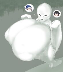 3girls breast_expansion breasts breasts_bigger_than_torso comic enormous_breasts female ghost_costume halloween hana_azuna_(hitama) hitama hyper hyper_breasts kusumi_kozayama_(hitama) nia_azuna_(hitama) nipple_bulge textless