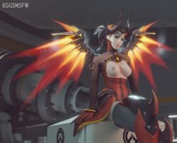1female 1girls 3d angela_ziegler blizzard_entertainment breasts breasts_out crossed_legs devil devil_mercy eggsnsfw female half-dressed half_naked half_nude horns looking_at_viewer lootbox mercy nipples overwatch sitting swiss wings