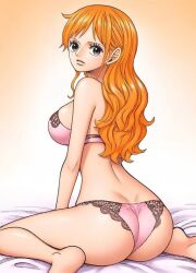 ai_generated ass ass_focus bed big_breasts bra breasts brown_eyes female female_only ginger ginger_hair hourglass_figure lace-trimmed_bra lace-trimmed_panties lingerie lingerie_only long_hair long_legs looking_over_shoulder nami_(one_piece) on_bed one_piece orange_hair panties pink_lingerie simple_background slim_waist spread_legs