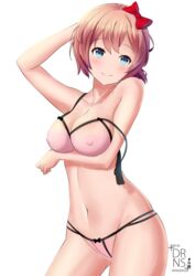 blue_eyes blush bow bra brown_hair cute dearonnus doki_doki_literature_club female_only gradient_eyes hips just_sayori light-skinned_female lingerie medium_breasts panties pink_lingerie pink_underwear red_bow red_cheeks sayori_(doki_doki_literature_club) short_hair smile two_tone_eyes underwear white_background