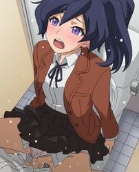 1boy bathroom blue_hair blush censored clothed_sex female fujisawa_aya gundam gundam_build_divers jacket mosaic_censoring open_mouth panties panties_aside penis pleated_skirt purple_eyes pussy restroom_stall school_uniform sex sitting skirt solo_focus teeth thighs toilet tomu_(tomubobu) tongue underwear vaginal_penetration