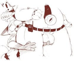 anthro balls benjamin_clawhauser black_and_white bulge canine cheetah clothing crotch_grab disney doughnut elchilenito feline fondling food fox gay grope male male_only mammal nick_wilde overweight sweat uniform wide_hips yaoi zootopia