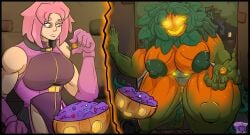 1girls breasts clothing collar corruption dizzytube female female_only green_skin halloween happy_trance monster_girl open_mouth oral original plant_transformation possession pumpkin pumpkin_girl pumpkin_head pussy sex short_hair solo spiral_eyes spread_legs symbol_in_eyes tentacle tentacle_in_mouth transformation