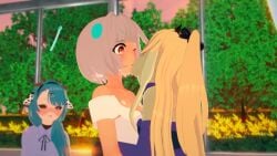 3d 3girls alternate_version ambitiouscow blonde_hair blush cerbervt classroom cow_girl cow_horns crelly demon_girl demon_horns ellie_minibot embrace eyes_half_open female female/female female_only green_hair heterochromia indie_virtual_youtuber indoors kissing koikatsu_(medium) lesbian lesbian_kiss one_eye_closed onlooker punishedkkanon robot_girl surprised uninvited_guest virtual_youtuber voyeurism vtuber watching window yellow_hair