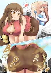 anus ass bending_over bent_over big_breasts bike_shorts breasts brown_eyes brown_hair building buildings butt city cleavage day daytime dress fart fart_cloud farting female female_domination females females_focus females_only femdom from_behind giant_female giant_woman giantess heart hi_res holding_breath huge_fart large_breasts long_hair looking_back loud_fart macro_female macrophilia multiple_females multiple_girls multiple_views original original_character outdoors smell smirk smirking_face stink stink_fumes stinky stinky_anus stinky_ass stinky_butt stinky_fart trapped trapped_in_butt trapped_in_clothing