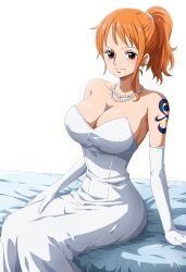 ai_generated aichaya bed big_breasts breasts brown_eyes cleavage earrings elbow_gloves female female_only ginger ginger_hair gloves hair_tied hairband hourglass_figure jewelry long_dress long_gloves long_hair long_legs looking_at_viewer nami_(one_piece) necklace one_piece orange_hair pearl_necklace ponytail simple_background sitting sitting_on_bed slim_waist tattoo wedding_attire wedding_dress wedding_gloves white_background white_dress