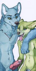 2018 5_fingers after_sex animal_genitalia animal_penis anthro arm_around_neck blue_eyes blue_fur canine canine_penis chastity chastity_cage cheek_tuft cum cum_in_mouth cum_inside cum_on_face cum_on_tongue duo erection fur gale_(ruaidri) green_eyes green_fur inner_ear_fluff knot male mammal navel nude open_mouth penis ruaidri simple_background standing tongue tongue_out tuft yaoi