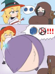 2girls belly_expansion belly_focus big_belly black_hair blonde_hair blue_eyes breasts charm_(object) clothed clothing endured_face enormous_belly expansion female female_focus female_only hitama huge_breasts hyper hyper_belly inflation light-skinned_female light_skin long_hair long_sleeves multiple_girls original original_characters simple_background staff