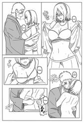 1boy 1girls black_and_white blush boruto:_naruto_next_generations bra breasts doujinshi female indrockz kissing male milf monochrome naruto naruto:_the_last naruto_shippuden sakura_haruno straight uzumaki_naruto