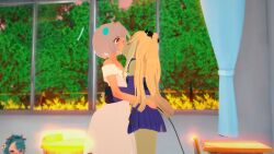3d 3girls ambitiouscow blonde_hair blush cerbervt classroom cow_girl cow_horns crelly demon_girl demon_horns ellie_minibot embrace eyes_half_open female female/female female_only green_hair heterochromia indie_virtual_youtuber indoors kissing koikatsu_(medium) lesbian lesbian_kiss one_eye_closed onlooker punishedkkanon robot_girl surprised uninvited_guest virtual_youtuber voyeurism vtuber watching window yellow_hair