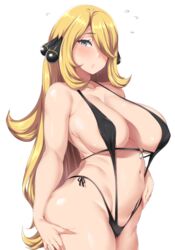 1girls bare_shoulders belly big_breasts bikini black_bikini blonde_hair blonde_hair_over_one_eye blush breasts cleavage cynthia_(pokemon) eyelashes female female_only grey_eyes hair_ornament hair_over_one_eye hand_on_leg huge_breasts human large_breasts long_blonde_hair long_hair looking_at_viewer midriff moisture_(chichi) navel nintendo pokemon pokemon_dppt sideboob solo standing sweat teeth thick_thighs underboob white_background wide_hips