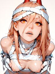 ai_generated blushingcheeks breasts breasts_out chainsaw_man female fit_female grabbing_own_breast halloween halloween_costume holding_breast mummy_costume power_(chainsaw_man) small_breasts solo solo_female