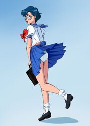 1girls ami_mizuno bishoujo_senshi_sailor_moon clothing djkazoo embarrassed female female_only glasses panties school_uniform skirt skirt_lift solo upskirt white_panties wind_lift