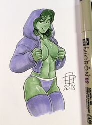 1girls big_breasts breasts callmepo color colored female female_only green_hair green_skin hoodie hulk_(series) marvel marvel_comics panties purple_panties she-hulk sketch smile solo thighhighs topless