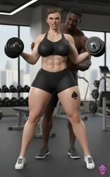 1boy 1girls 3d ai_assisted asian asian_female big_breasts black_guy breasts capcom chun-li clothed dark-skinned_male dark_skin dumbbell female gym gym_clothes gym_shorts gym_topwear gym_uniform lifting looking_at_viewer male qos_tattoo queen_of_spades queen_of_spades_tattoo safe_for_work sfw spade_tattoo street_fighter street_fighter_6 sweat sweating tagme trainer training weightlifting weights working_out