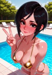 2025 ada_wong ada_wong_(adriana) ai_generated anime bikini black_eyes black_hair blush breasts cleavage collarbone crossover day eye_contact female female_focus female_only flushed highres huge_breasts laptop large_breasts lips looking_at_viewer midriff navel outdoors patreon pool poolside resident_evil resident_evil_2 resident_evil_4 resident_evil_4_remake rognezart shiny short_hair smile smiling solo swimsuit v water wet yellow_bikini