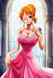 ai_generated aichaya big_breasts breasts brown_eyes church dress earrings female female_only flirting flower_pattern ginger ginger_hair hair_tied hand_on_chest highres holding_skirt hourglass_figure lifting_skirt long_hair long_legs looking_at_viewer nami_(one_piece) one_piece orange_hair pink_dress ponytail slim_waist tattoo wedding_dress wink winking_at_viewer