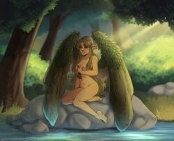 bathing bathing_outside breasts caught caught_naked caught_off_guard dark_sclera dnd_character dnd_homebrew dungeons_and_dragons elf elf_ears elf_female elf_girl fae faerie fairy female fey forest forest_background gathlain ghostiyo gold_eyes green_hair leaves long_hair medium_breasts pixie plant plant_girl pointed_ears pointy_ears qaseye scar scar_on_face wings