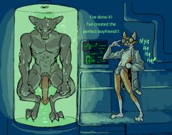3_toes abs animal_genitalia animal_penis anthro balls big_balls big_penis bubble bulge canid canine canis clothing coat computer dark_room dialogue digitigrade domestic_cat duo electronics eyewear feet felid feline felis genitals glowing goggles half_naked hieronymusjohnson huge_cock jockstrap lab_coat laugh male male/male mammal muscular muscular_male nipples nude nude_anthro pecs penis scientific_experiment scientific_instrument scientist sheath text toes topwear underwater underwear water werecreature wolf