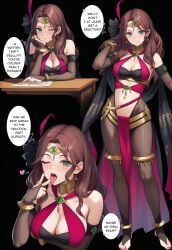 ai_generated alternate_costume anklet bare_shoulders black_background blush bodystocking bracelet breasts bridal_gauntlets bridal_legwear brown_hair byleth_(fire_emblem)_(male) circlet cleavage cosplay criss-cross_halter dancer dorothea_arnault earrings feather_hair_ornament feathers feet female fire_emblem fire_emblem:_three_houses full_body gloves green_eyes hair_ornament halterneck heart jewelry large_breasts loincloth long_hair looking_at_viewer multiple_views nail_polish navel nintendo one_eye_closed open_mouth pantyhose pelvic_curtain red_nails shawl simple_background smile standing stomach teacher_and_student teenage_girl teenager thighlet tiara toe_ring toeless_legwear toenail_polish toenails toes tongue tongue_out upper_body vysetf