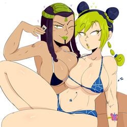 :o barefoot belly big_breasts bikini bra breast_press breast_to_breast breasts curvy dark-skinned_female dark_hair dark_skin ermes_costello female green_eyes green_hair green_lipstick half-dressed half_naked huge_breasts jinu jojo's_bizarre_adventure jolyne_kujo kiss_(jjba) latina looking_at_viewer looking_away midriff navel navel_piercing open_mouth panties shiny_skin small_bikini smile stomach stone_ocean tattoo thick_thighs two_tone_hair underboob underwear white_skin wide_hips winking