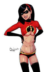 1girls disclaimer disney domino_mask female female_only gloves looking_at_viewer pixar solo stockings straight_hair the_incredibles uncensored underboob violet_parr white_background