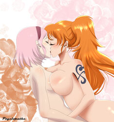 2girls asymmetrical_docking bare_arms blush boruto:_naruto_next_generations breast_press breasts cheating closed_eyes collarbone crossover earrings female female_only floral_background hairband jewelry kissing large_breasts long_hair medium_breasts multiple_girls mutual_yuri nami naruto naruto:_the_last netorare nude one_piece orange_hair pink_hair ponytail psyclopathe red_hairband red_headband sakura_haruno short_hair shounen_jump tattoo yuri