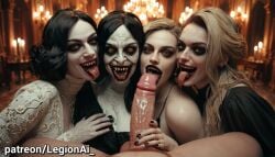ai ai_art ai_generated alcina_dimitrescu big_penis black_nails collaborative_fellatio ffffm_fivesome halloween halloween_costume halloween_theme horror legionai male male_pov nun nun_horror nun_outfit oral penis resident_evil tongue_out