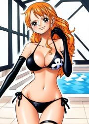 ai_generated big_breasts bikini bikini_bottom bikini_top breasts brown_eyes earrings female female_only ginger ginger_hair hourglass_figure latex latex_bikini latex_clothing latex_gloves long_hair long_legs looking_at_viewer nami_(one_piece) one_piece orange_hair pool poolside posing slim_waist tattoo thigh_strap