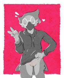 avian bird blush body_blush bottomless bottomless_female calicerulean casual_exposure casual_nudity chat_(bird) clothed clothing ear_piercing ear_ring european_robin eyewear feather_hair feathers female genitals gesture glasses hand_gesture heart_symbol hoodie nonbinary_(lore) old_world_flycatcher oscine passerine piercing pseudo_hair pussy ring_piercing robin_(bird) round_glasses saxicoline solo topwear topwear_only tycho_(calicerulean) v_sign vulva vulva_blush
