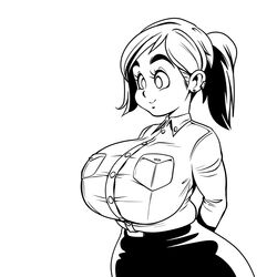 balak big_breasts breasts eyebrows female large_breasts monochrome ponytail thick_eyebrows upper_body