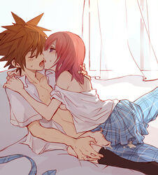 1boy brown_hair closed_eyes clothed_sex cowgirl_position cum cum_on_clothes disney female kairi kingdom_hearts kneehighs looking_at_another male/female off_shoulder open_clothes open_shirt pants plaid plaid_pants plaid_skirt pleated_skirt ramochi_(auti) red_hair school_uniform sex skirt sora square_enix straddling straight teenage_boy teenage_couple teenager young_couple