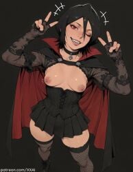 ai ai_art ai_generated black_cape black_choker black_hair black_skirt black_thighhighs bleach bleach:_the_thousand-year_blood_war boots breastless_clothes breasts breasts_out cape choker corset cross double_v fangs female fingerless_gloves fishnet_thighhighs fishnets gloves goth_fashion hair_between_eyes halloween halloween_costume kuchiki_rukia lips looking_at_viewer makeup medium_breasts miniskirt nipples one_eye_closed pleated_skirt red_cape red_eyes short_hair simple_background skirt small_breasts smile solo standing tagme teeth thighhighs v vampire vampire_costume web_address xxai