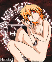 bangs breasts censored convenient_censoring dated english female fetal_position from_above hair_between_eyes hellsing high_resolution legs looking_at_viewer looking_back lying magic_circle navel nude on_side orange_hair pentagram profile red_eyes red_hair seras_victoria short_hair signature smile solo tasha_steeley title_drop