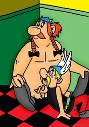 2boys asterix asterix_and_obelix blonde_hair braided_hair clothed_on_nude cmnm erection erection_under_clothes fat_man gay holding_penis horned_helmet looking_to_the_side male_only mustache naked_with_shoes_on obelix orange_hair tagme winged_helmet