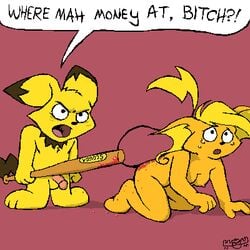 abuse baseball_bat color domestic_abuse female furry interspecies male nanimoose nintendo pichu pink_background pokemon pokemon_(species) pokemon_gsc pokemon_rgby raichu what