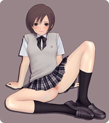 1girls blush bow brown_eyes brown_hair censored female final_fantasy final_fantasy_vii footwear no_panties pussy school_uniform serafuku shoes short_hair skirt socks spread_legs suhara_(protea) vagina vest yuffie_kisaragi