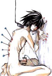 1boy blood censored death_note guro l_lawliet male_only male_urethral_insertion solo tagme torture urethral_insertion