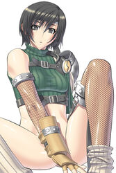 armor bare_shoulders beige_skin black_hair bottomless clothes color covering covering_crotch female female_only final_fantasy final_fantasy_vii fishnets footwear front_view gloves hair headband human kansuke looking_at_viewer loose_socks ninja open_eyes short_hair sitting sleeveless sleeveless_turtleneck socks solo spread_legs straight_hair strap straps thighhighs turtleneck white_background white_socks yuffie_kisaragi