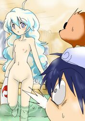 1girls animal_on_head bath blue_hair boota dark_blue_hair female holding_towel light_hair long_hair naked nia_teppelin pale-skinned_female pale_skin shaved_pussy shocked shocked_expression short_hair simon_(tengen_toppa_gurren_lagann) small_breasts steam suprised tagme tengen_toppa_gurren_lagann towel towel_on_head water